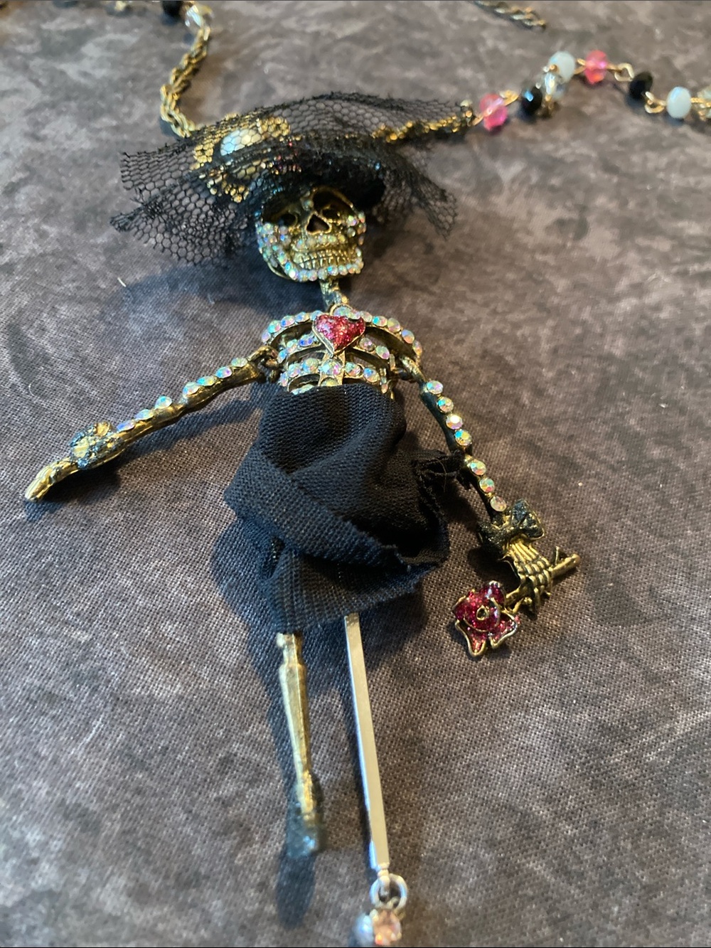 One Of a Kind Skeleton Frankenstein Bride Rhinestone Studded Pendant Necklace